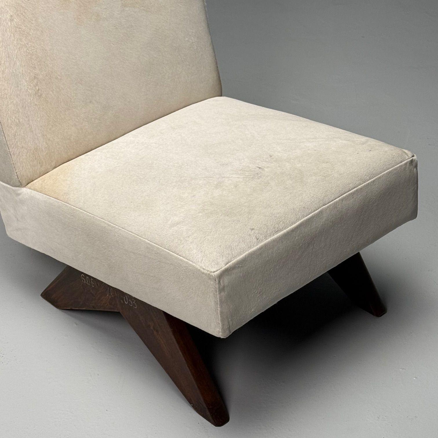 Pierre Jeanneret, French Mid-Century Modern, Slipper Chairs, White Cowhide, Teak For Sale 5