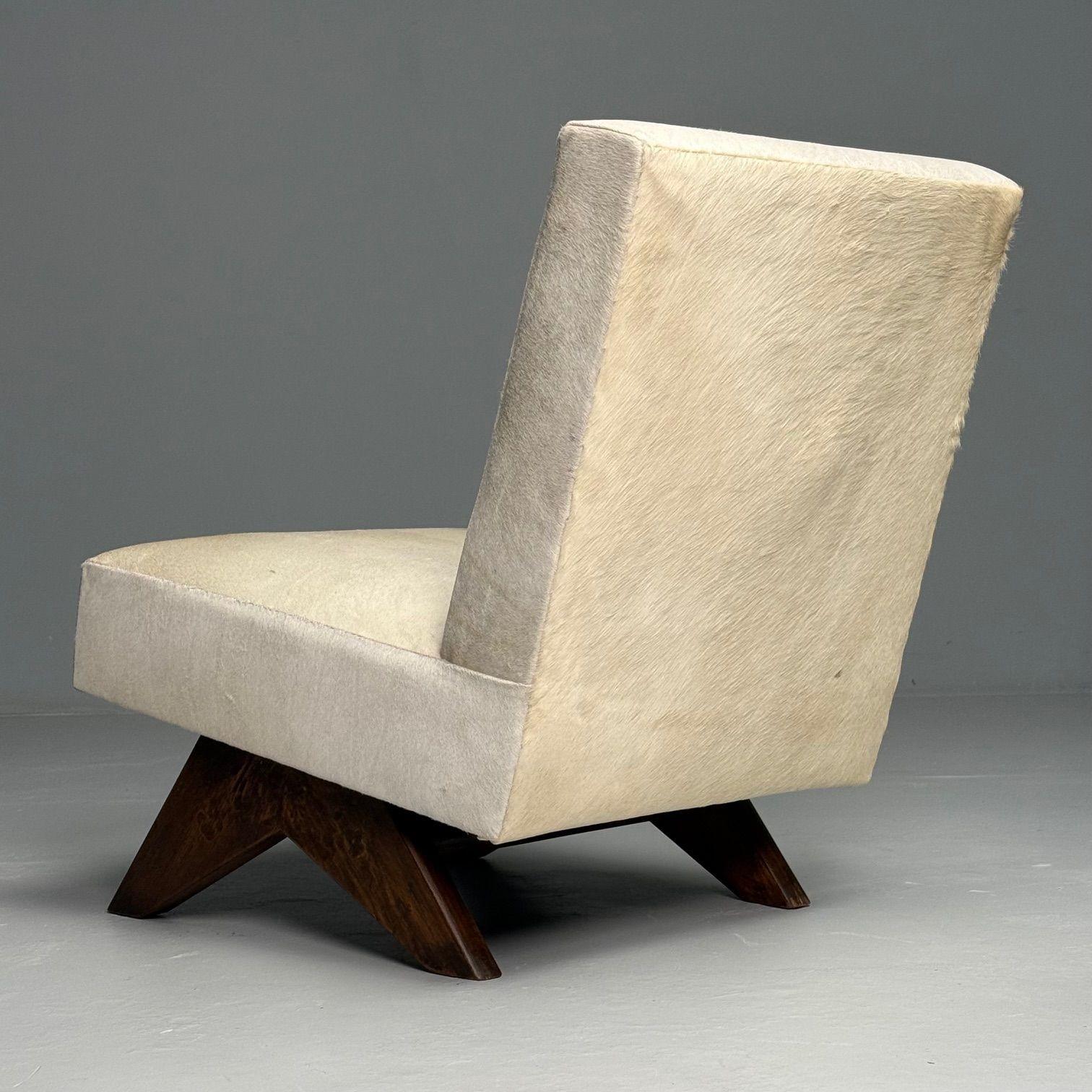 Pierre Jeanneret, French Mid-Century Modern, Slipper Chairs, White Cowhide, Teak For Sale 6