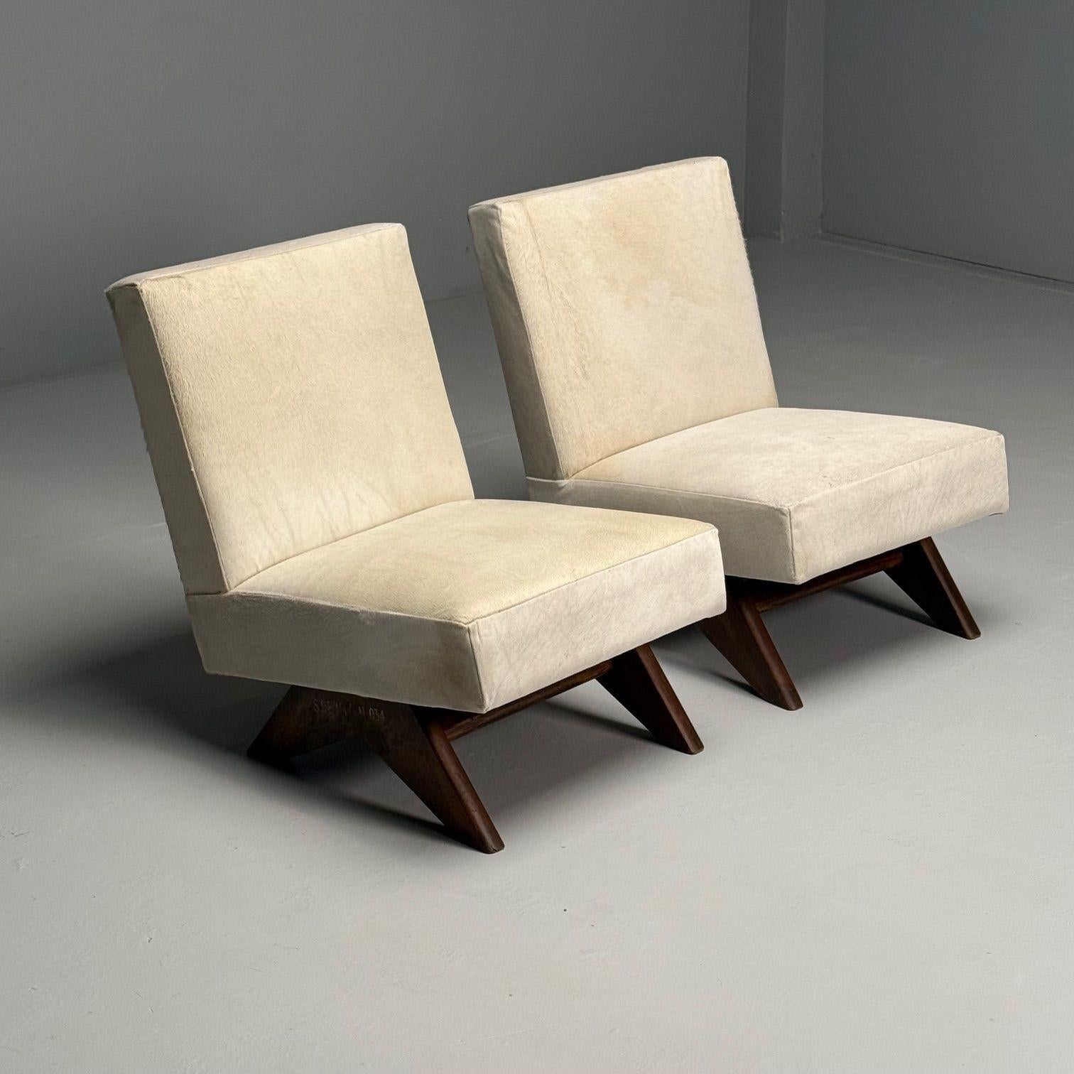 Indian Pierre Jeanneret, French Mid-Century Modern, Slipper Chairs, White Cowhide, Teak For Sale