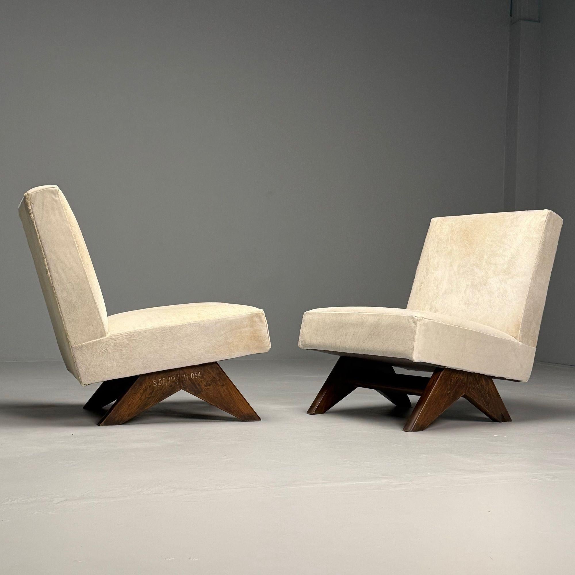 Mid-20th Century Pierre Jeanneret, French Mid-Century Modern, Slipper Chairs, White Cowhide, Teak For Sale