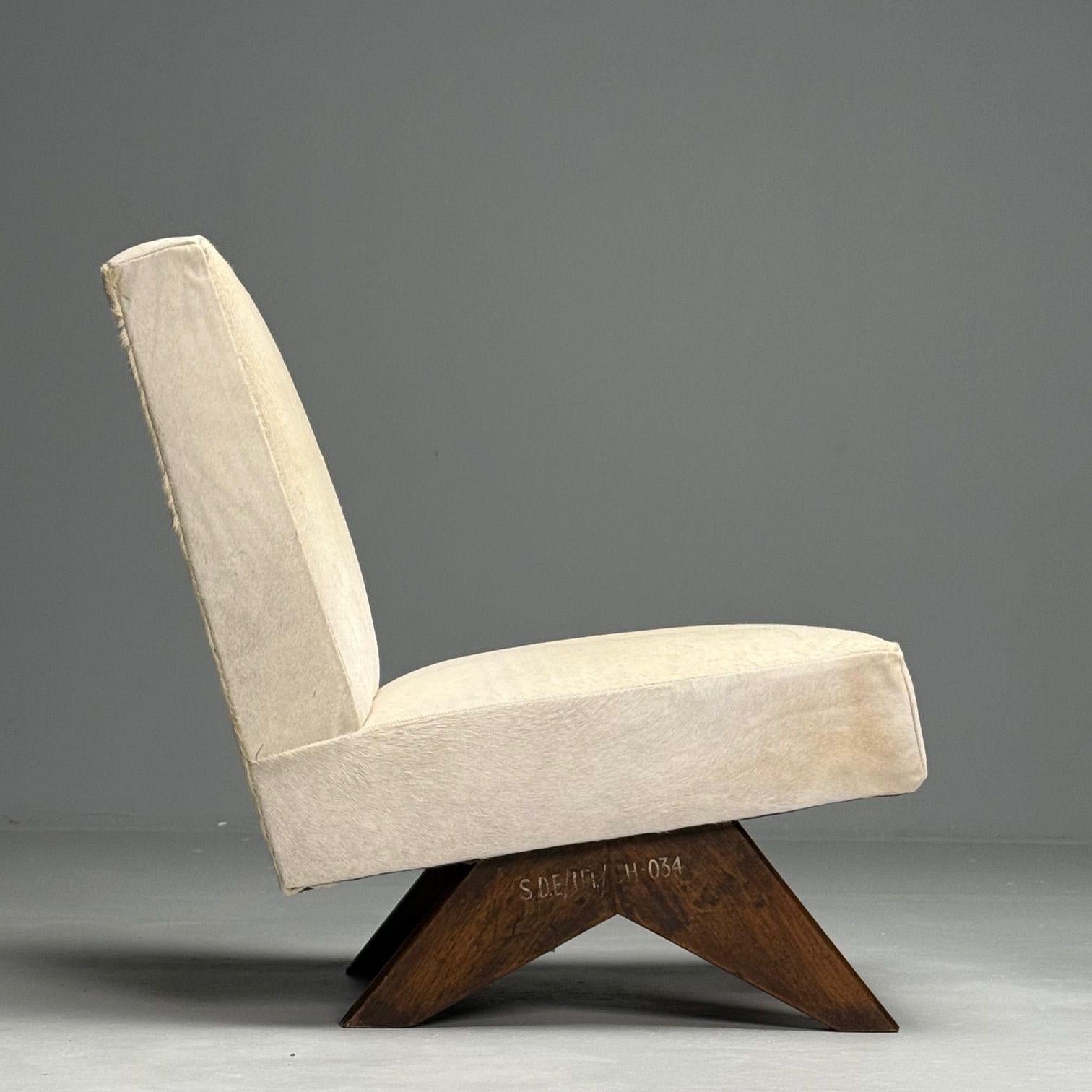 Pierre Jeanneret, French Mid-Century Modern, Slipper Chairs, White Cowhide, Teak For Sale 1