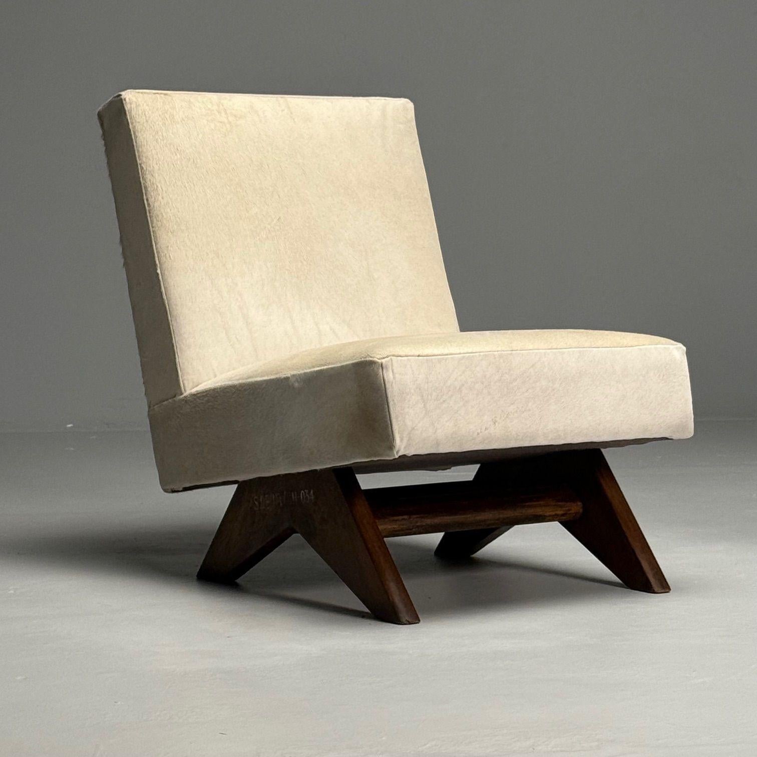 Pierre Jeanneret, French Mid-Century Modern, Slipper Chairs, White Cowhide, Teak For Sale 2