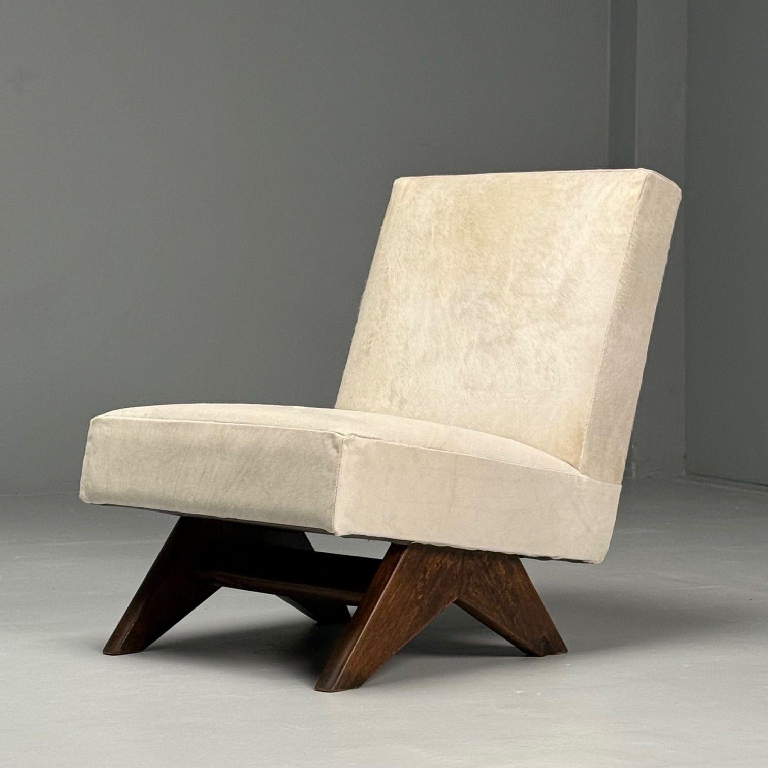 Pierre Jeanneret, French Mid-Century Modern, Slipper Chairs, White Cowhide, Teak For Sale 3