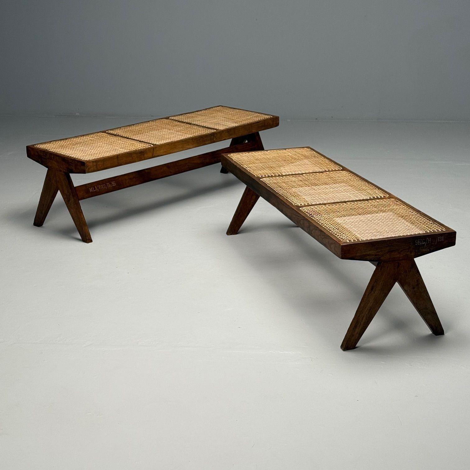 Cane Pierre Jeanneret, French Mid-Century Modern, Teak Benches, Chandigarh, 1960s