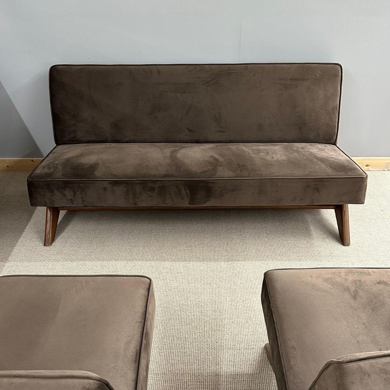 Mid-Century Modern P. Jeanneret Attributed Mid-Century Upholstered Sofa, Brown Velvet, India, 1960s