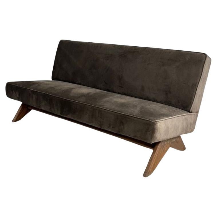 P. Jeanneret Attributed Mid-Century Upholstered Sofa, Brown Velvet, India, 1960s