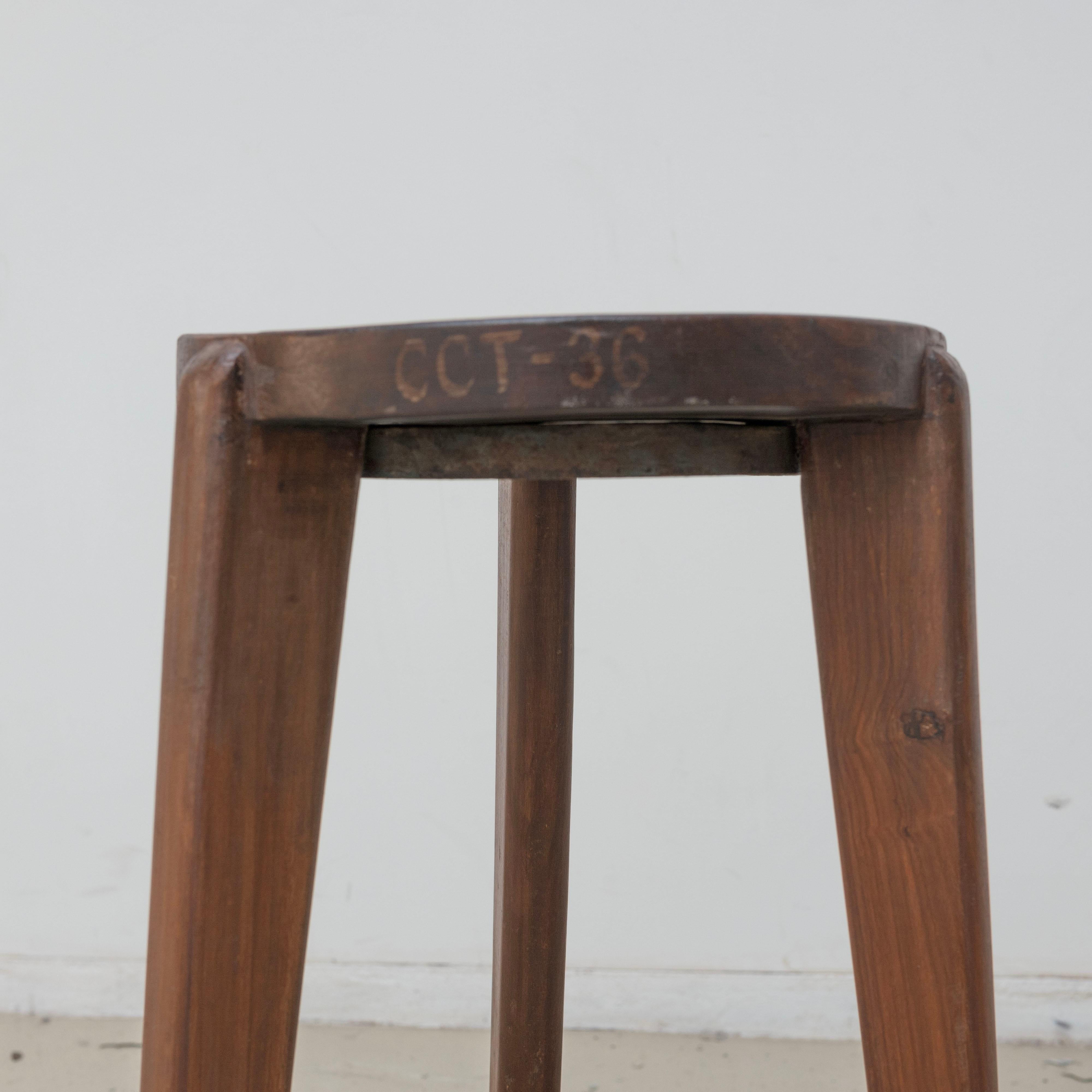 Iron Pierre Jeanneret , High Stool with iron ring for Chandigarh, Teak , 1950s