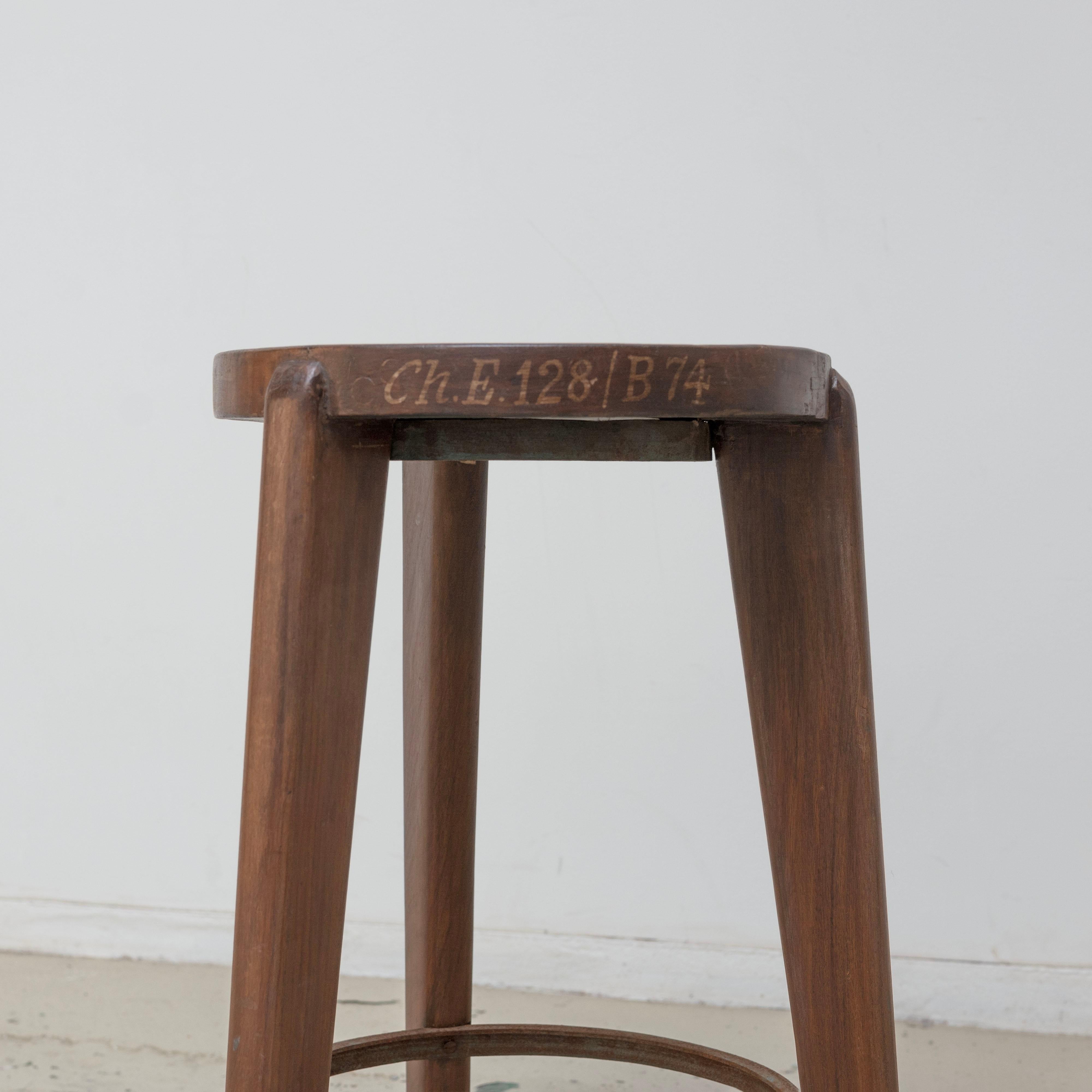 Pierre Jeanneret , High Stool with iron ring for Chandigarh, Teak , 1950s For Sale 1