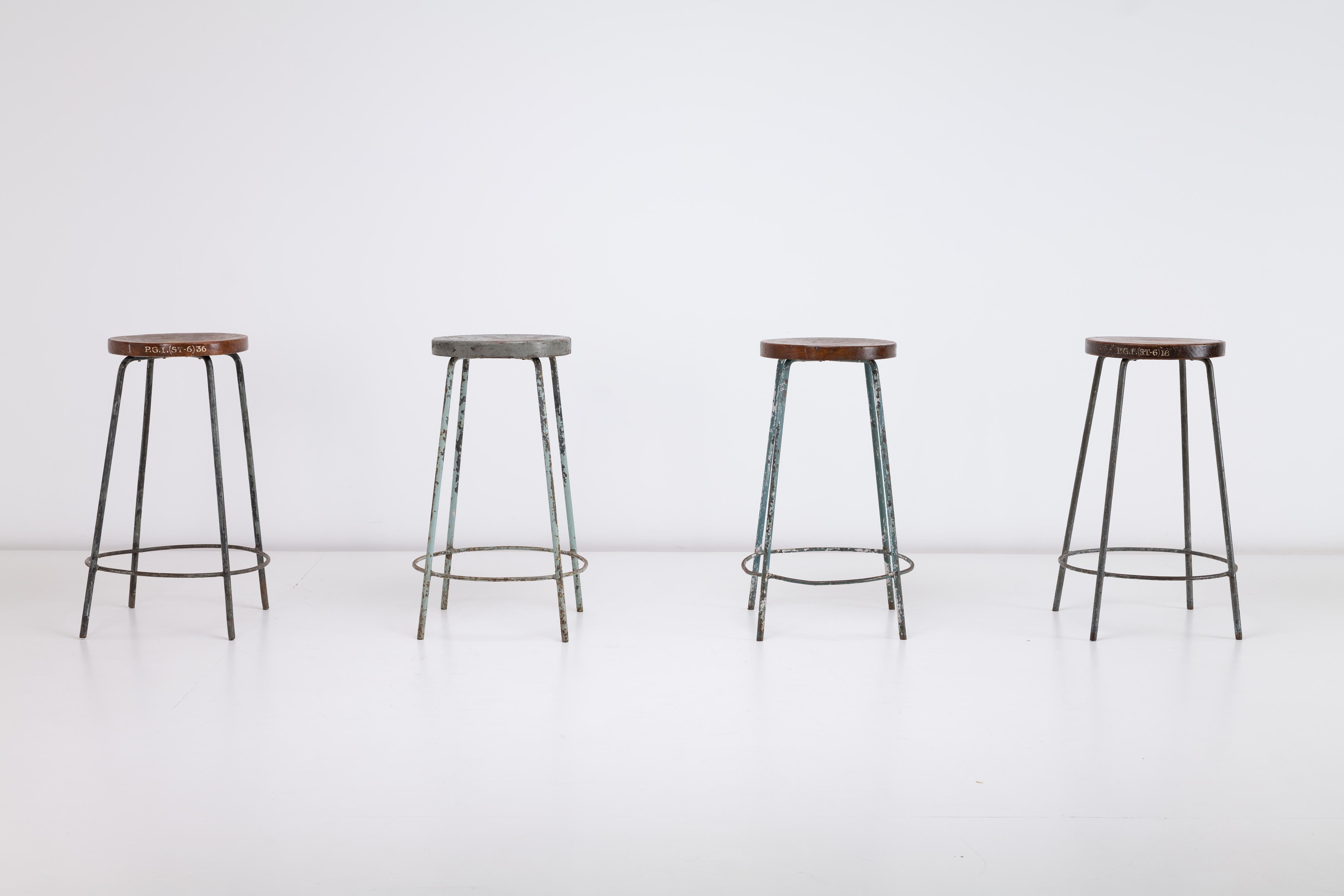 Indian Pierre Jeanneret High Stools Teak & Iron, 1960 Chandigarh India - Sets Available For Sale