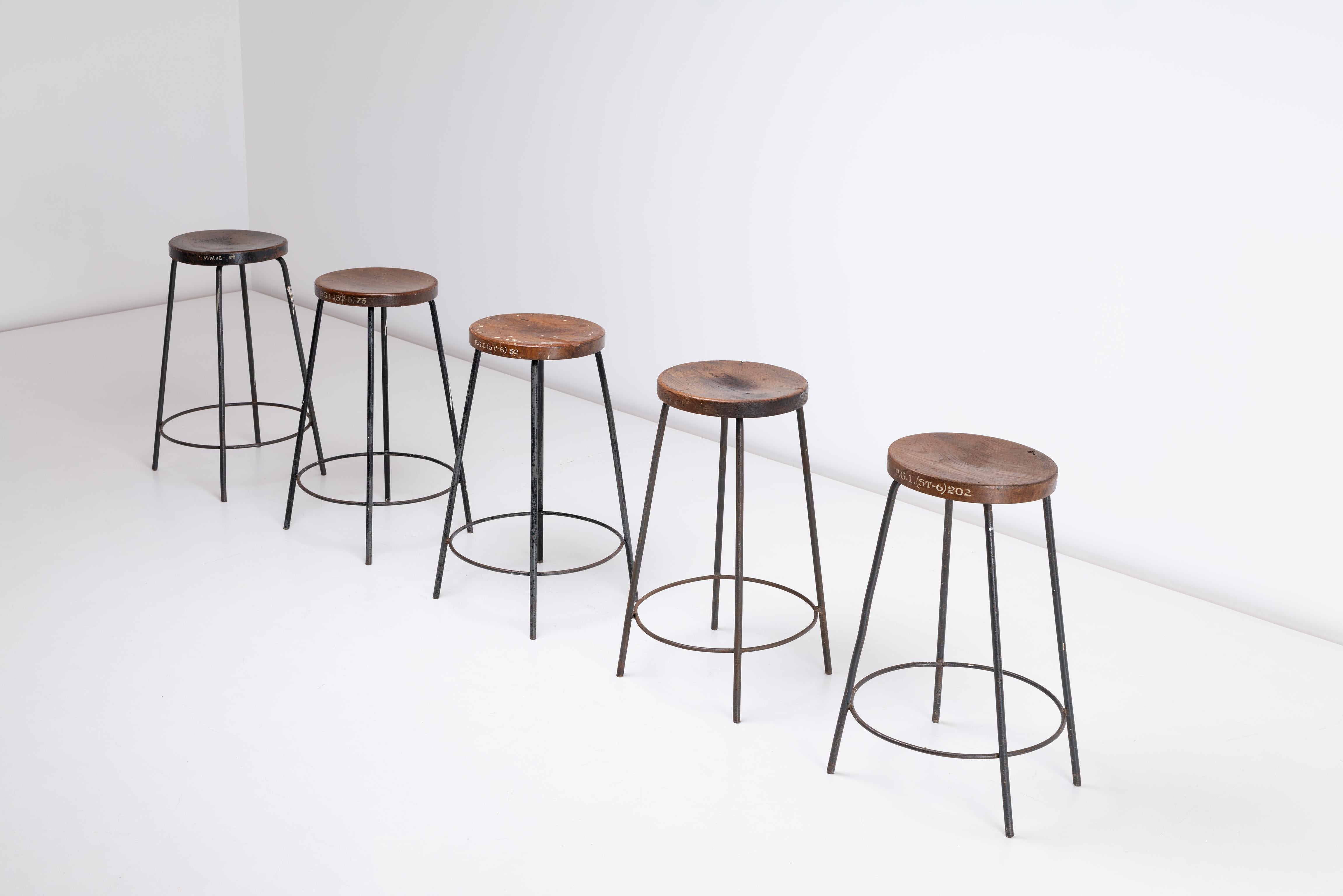 Pierre Jeanneret High Stools Teak & Iron, 1960 Chandigarh India - Sets Available For Sale 2