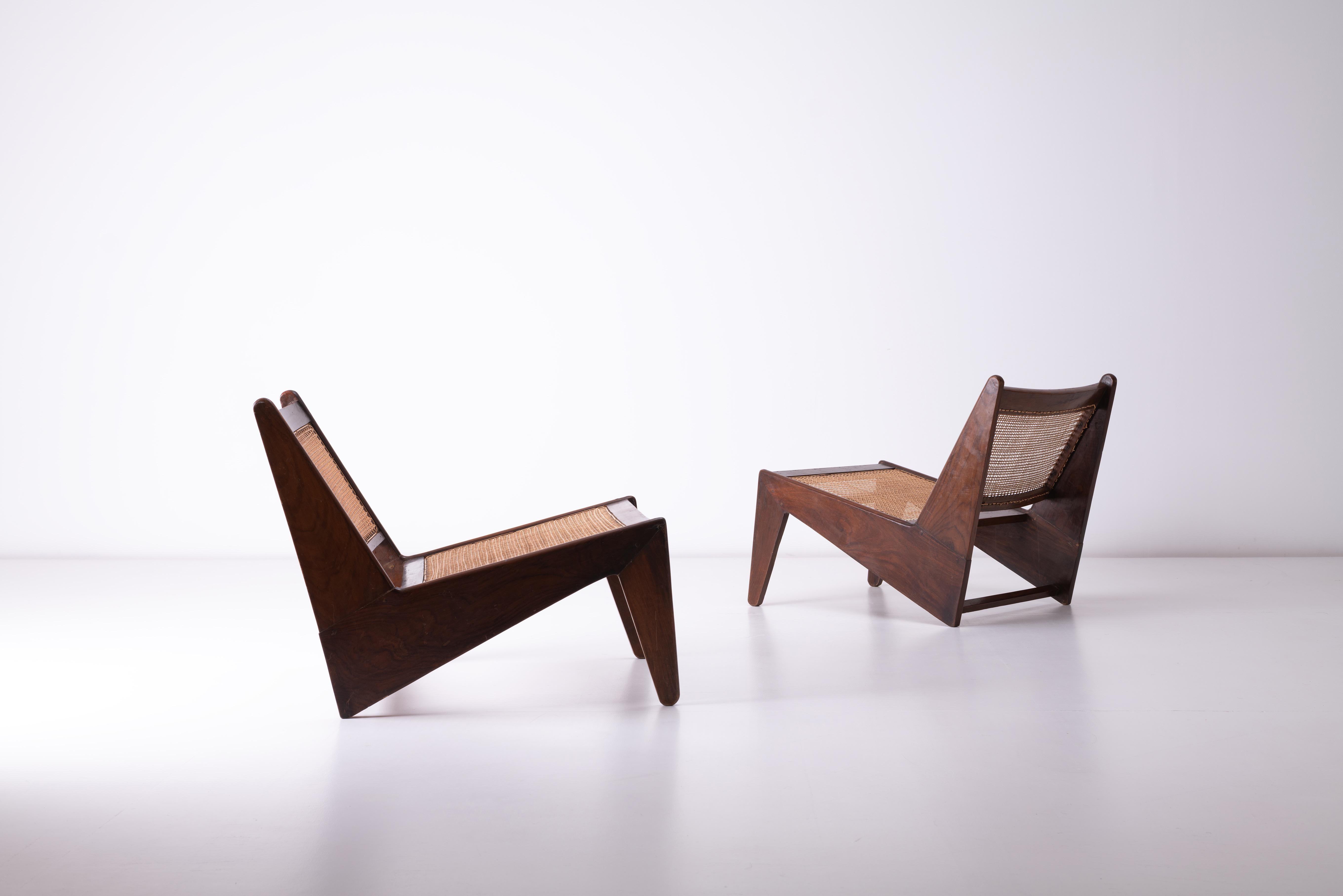 Cane Vintage Patinated Pierre Jeanneret, Kangaroo Chairs from Chandigarh, India For Sale