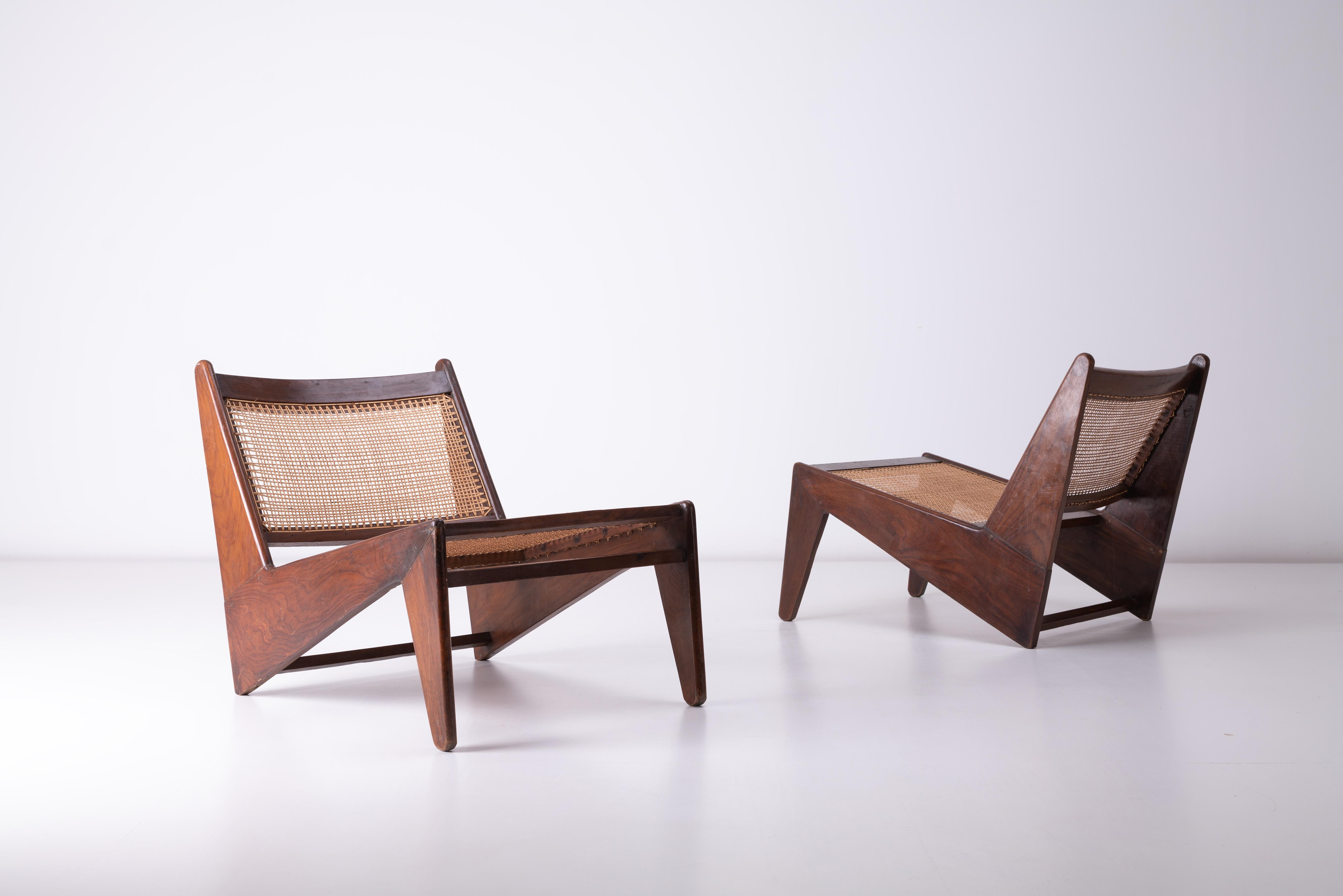 Vintage Patinated Pierre Jeanneret, Kangaroo Chairs from Chandigarh, India For Sale 1