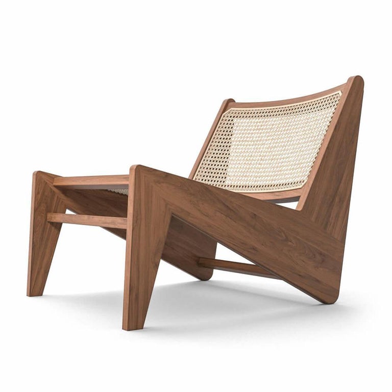 Italian Pierre Jeanneret Kangaroo Low Armchair, Wood and Woven Viennese Cane