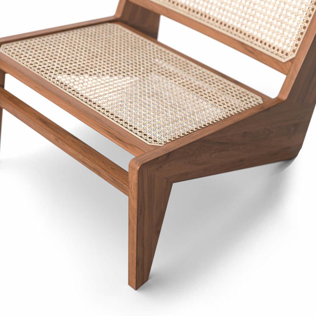Contemporary Pierre Jeanneret Kangaroo Low Armchair, Wood and Woven Viennese Cane For Sale