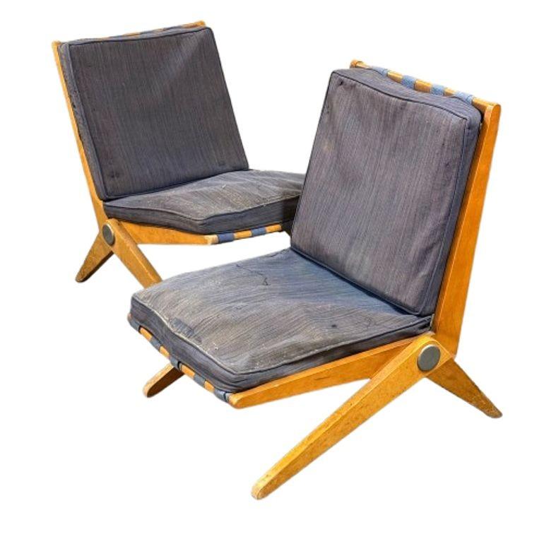 Pierre Jeanneret, Knoll, Mid-Century Modern, Scissor Chairs, Tan Linen, 1950s 7