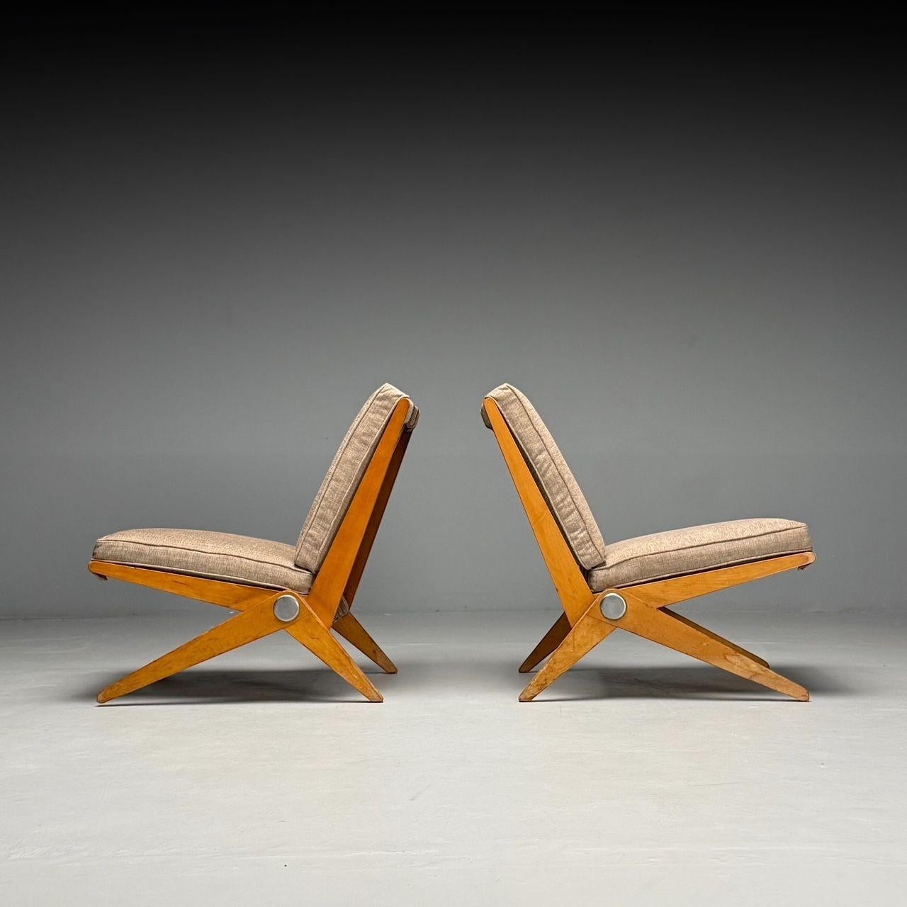 Pierre Jeanneret, Knoll, Mid-Century Modern, Slipper Lounge Chairs, Tan Linen, 1950s

Pair of rare 