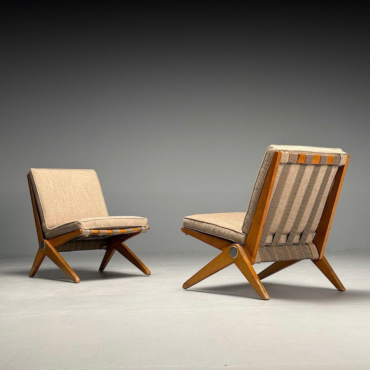 American Pierre Jeanneret, Knoll, Mid-Century Modern, Scissor Chairs, Tan Linen, 1950s