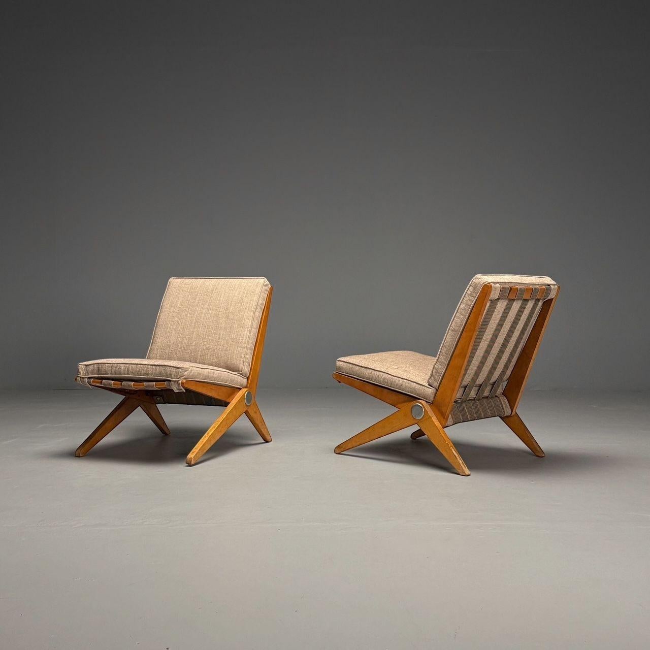 Pierre Jeanneret, Knoll, Mid-Century Modern, Scissor Chairs, Tan Linen, 1950s In Good Condition In Manhasset, NY