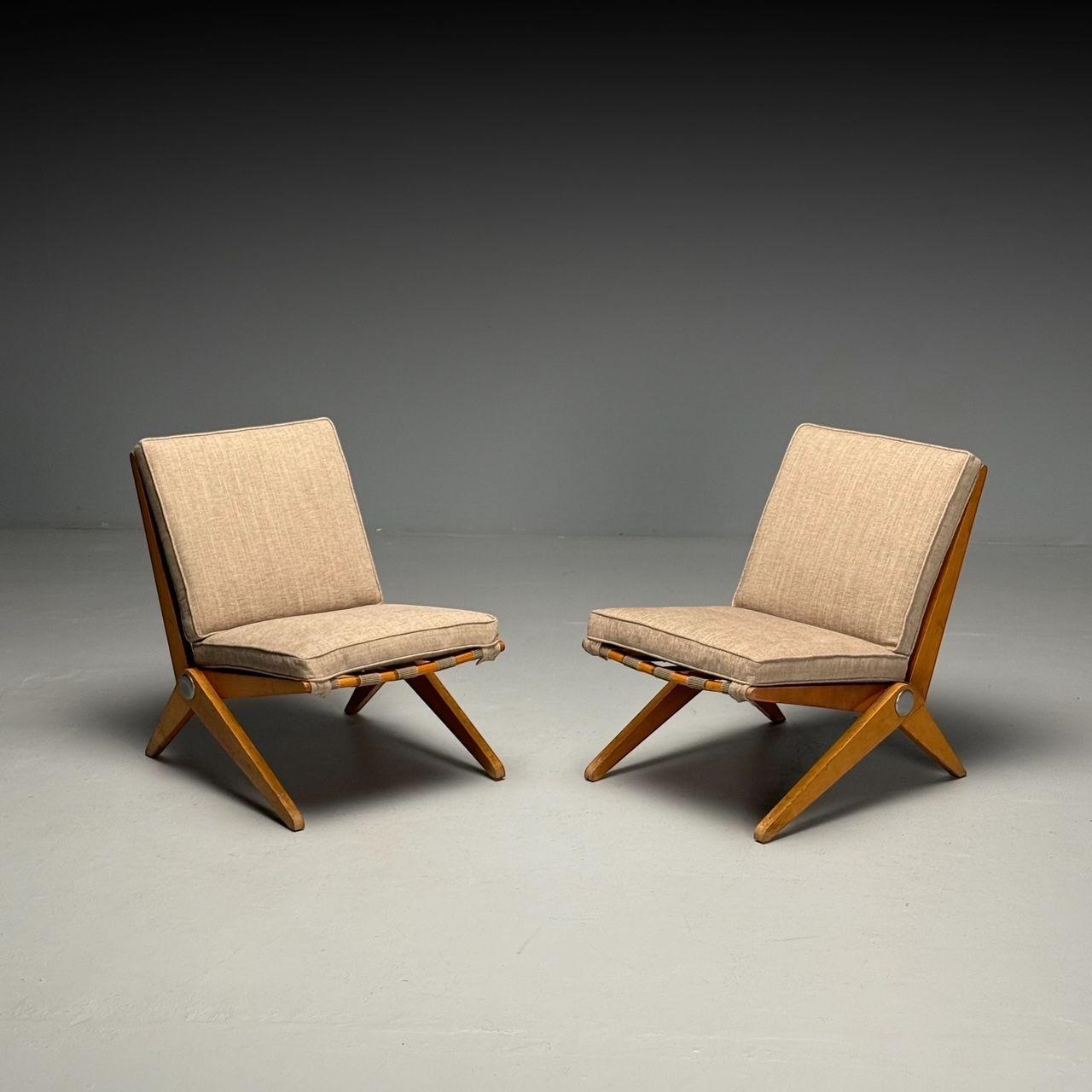 Mid-20th Century Pierre Jeanneret, Knoll, Mid-Century Modern, Scissor Chairs, Tan Linen, 1950s