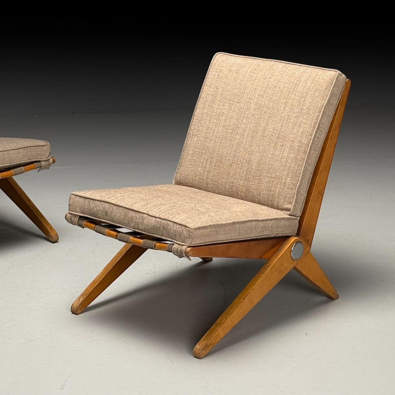 Pierre Jeanneret, Knoll, Mid-Century Modern, Scissor Chairs, Tan Linen, 1950s 1