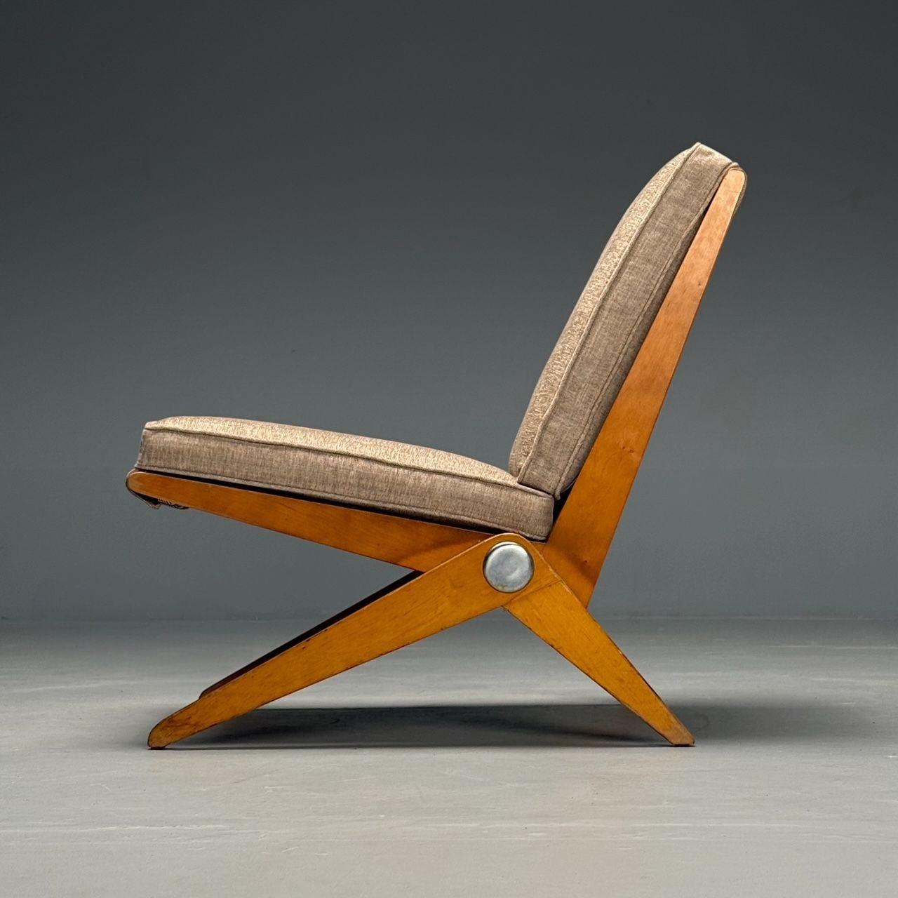 Pierre Jeanneret, Knoll, Mid-Century Modern, Scissor Chairs, Tan Linen, 1950s 2