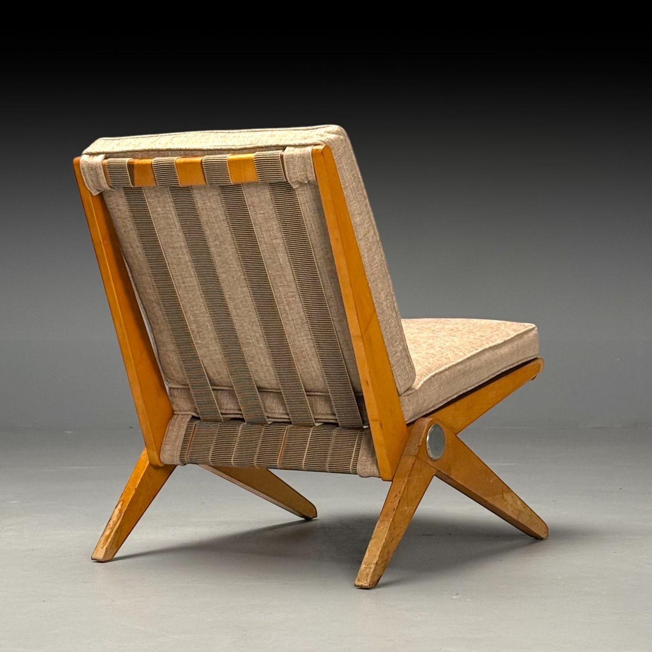 Pierre Jeanneret, Knoll, Mid-Century Modern, Scissor Chairs, Tan Linen, 1950s 3