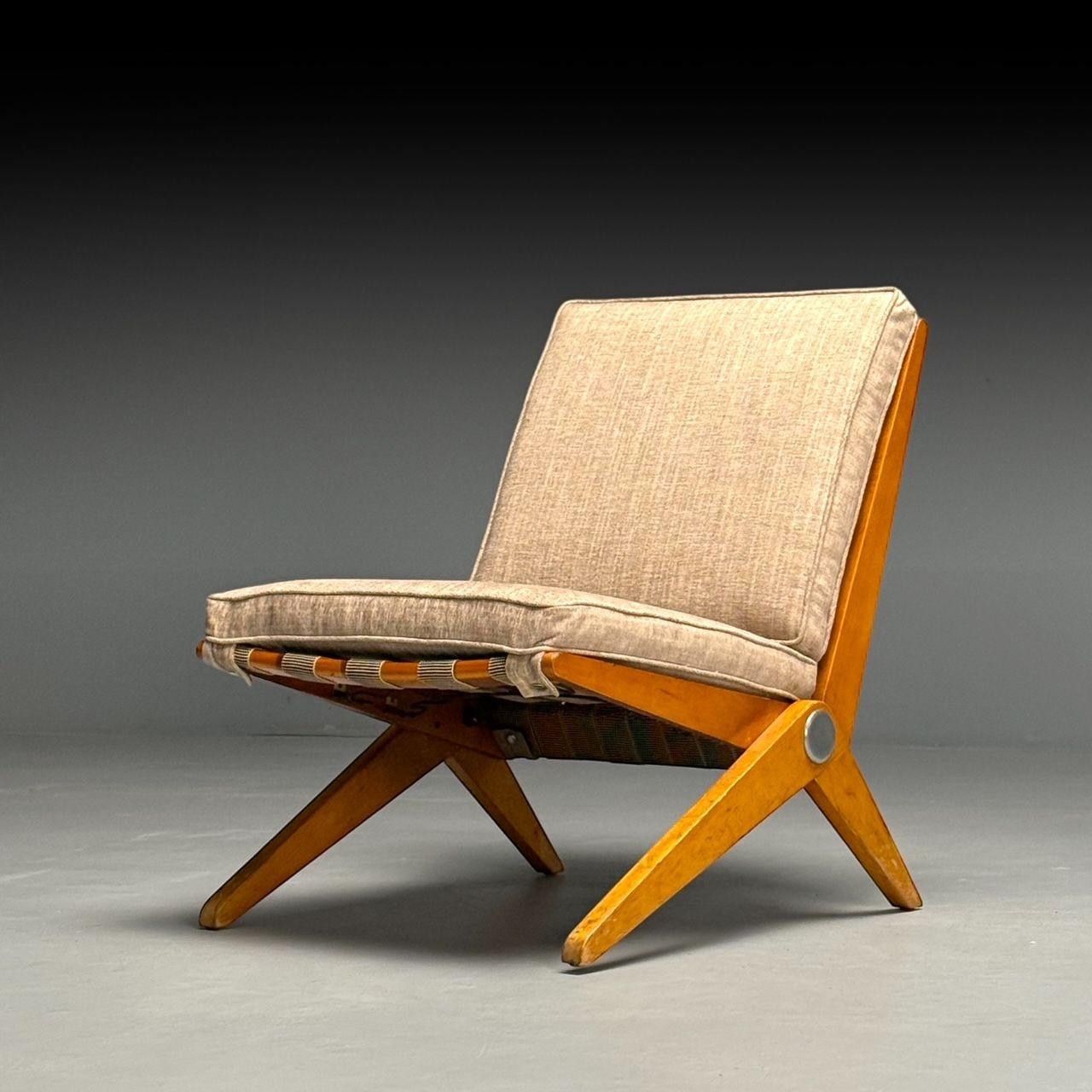 Pierre Jeanneret, Knoll, Mid-Century Modern, Scissor Chairs, Tan Linen, 1950s 4