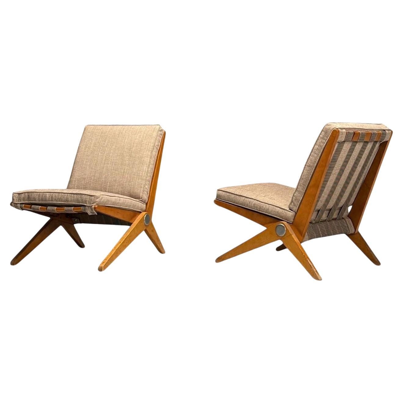 Pierre Jeanneret, Knoll, Mid-Century Modern, Scissor Chairs, Tan Linen, 1950s