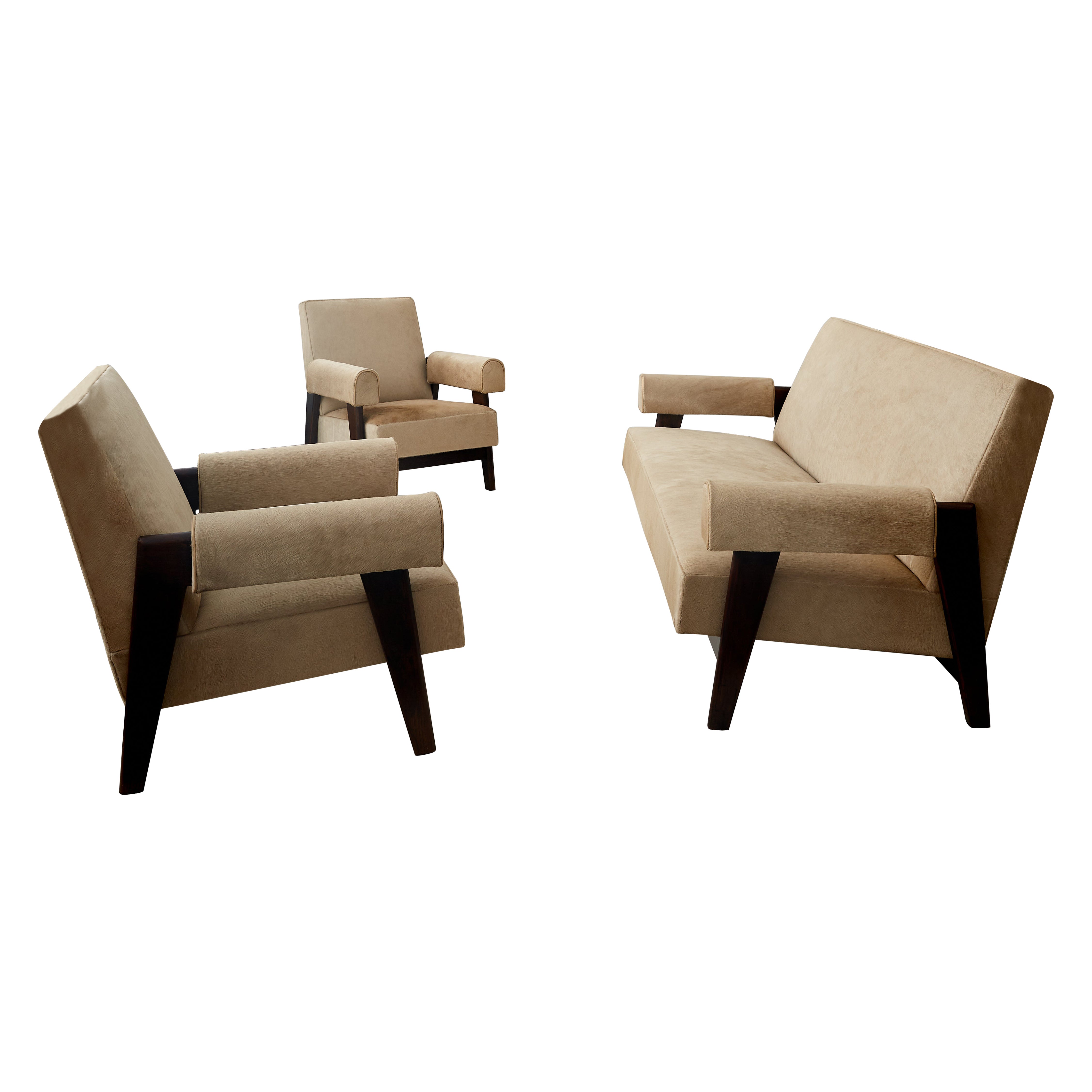 Pierre Jeanneret 
Le Corbusier Upholstered Sofa 
Lounge Chair Set c 1955-66 For Sale