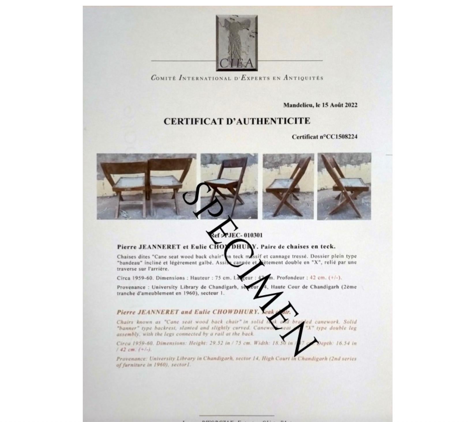 Mid-Century Modern Pierre Jeanneret  Library Chairs PJEC010301 CERTIFICATE BY JACQUES DWORCZAK 1959 For Sale