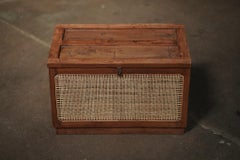 Vintage Pierre Jeanneret Linen Box, Teak and Cane, India, 1950s