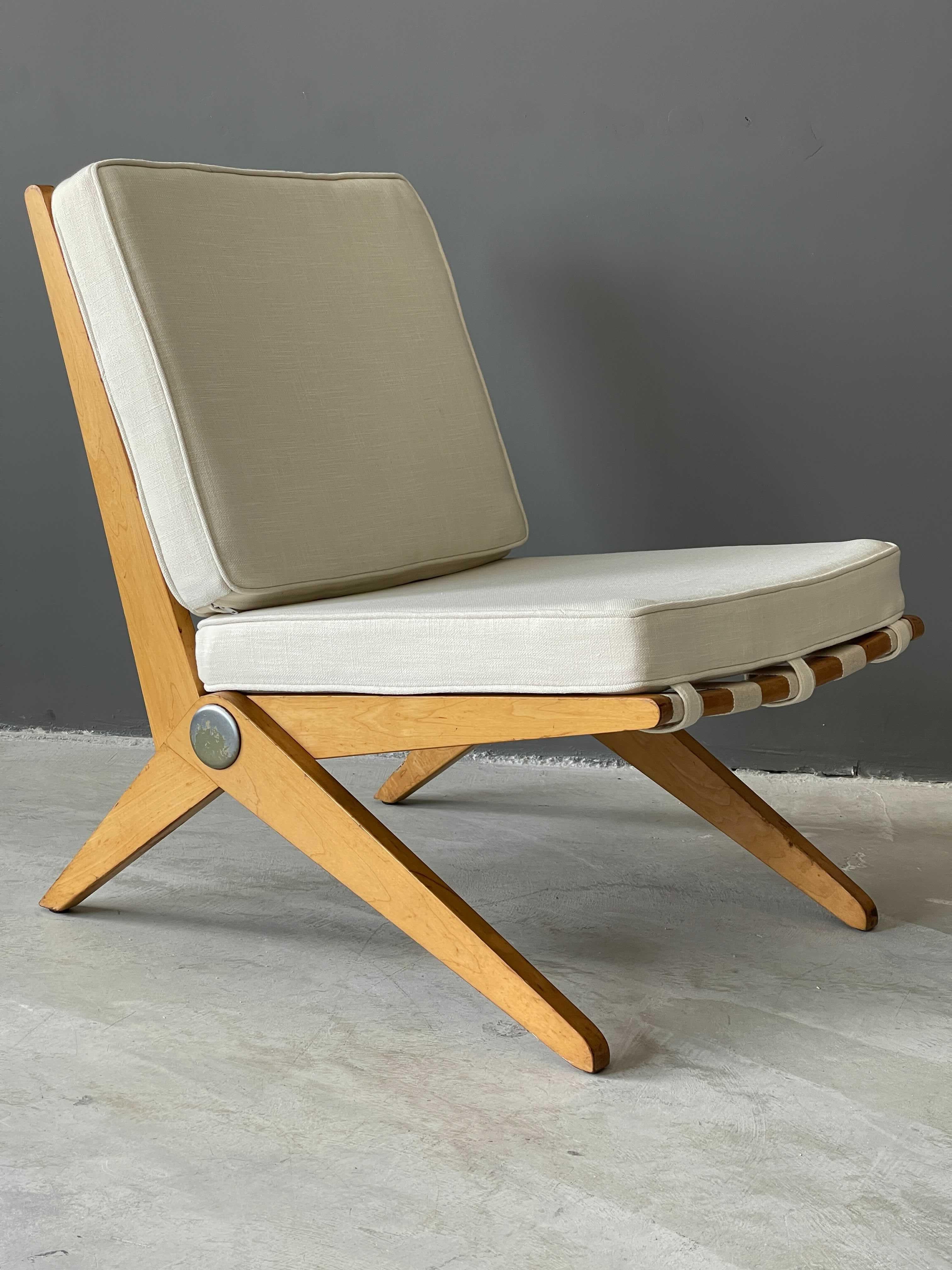 Mid-20th Century Pierre Jeanneret, Lounge Chair, Wood, Webbing, Fabric, Knoll, America, 1950s