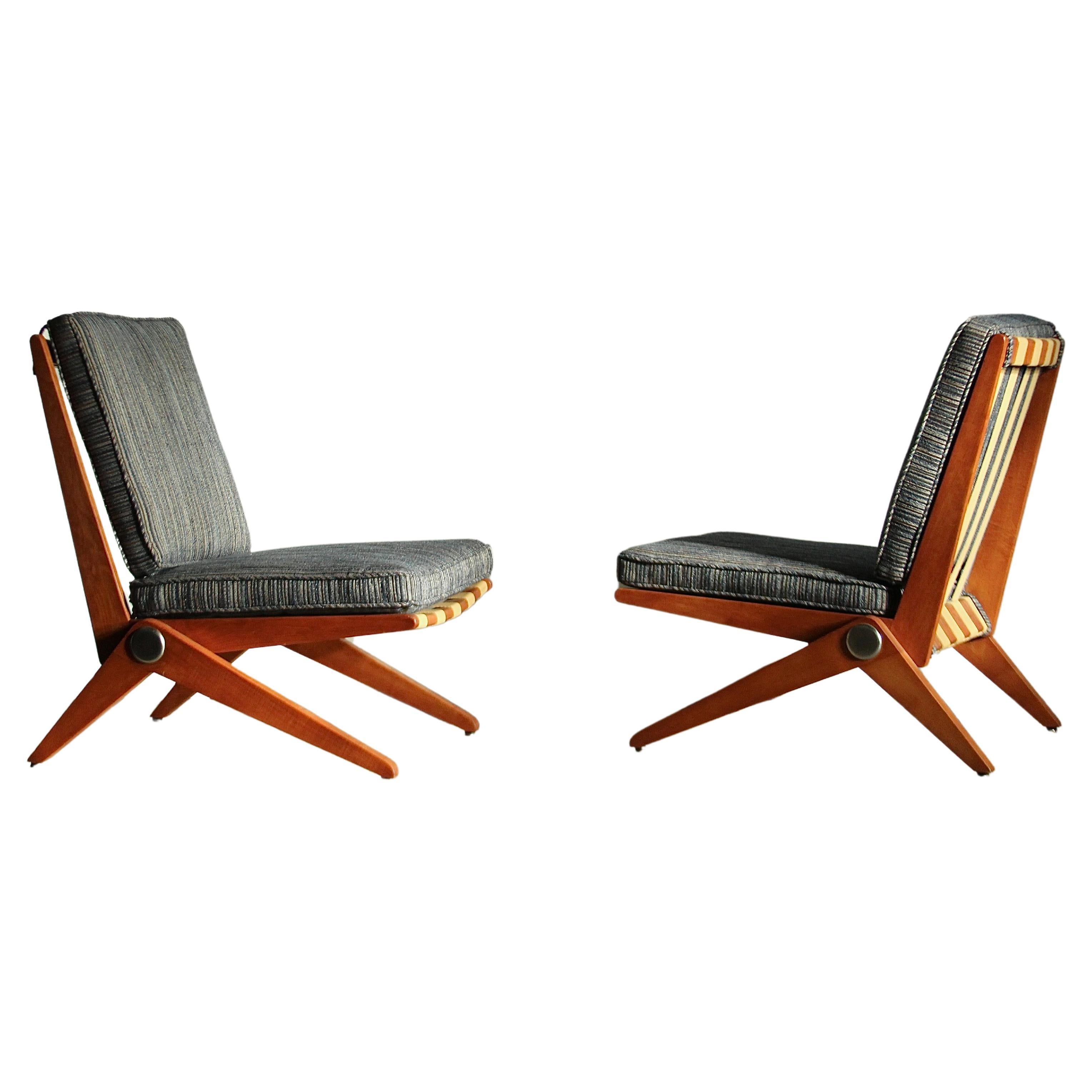 Pierre Jeanneret Maple and Tweed "Scissors" Lounge Chairs for Knoll, 1948 For Sale