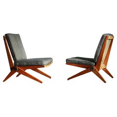 Vintage Pierre Jeanneret Maple and Tweed "Scissors" Lounge Chairs for Knoll, 1948
