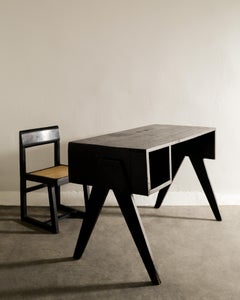 Pierre Jeanneret Mid Century Wooden Black Office Desk & Box Chair in Teak, 1950s