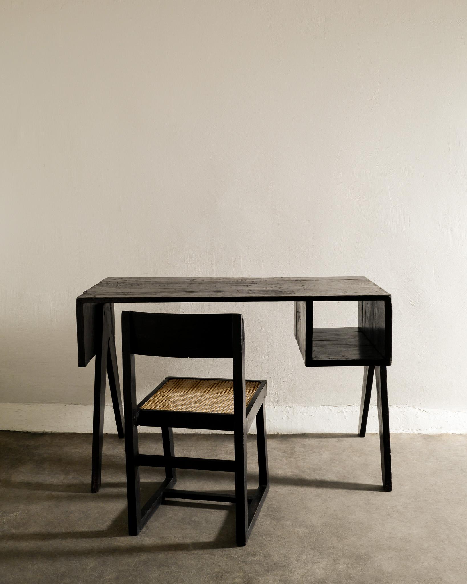 Mid-Century Modern Pierre Jeanneret Mid Century Wooden Black Office Desk & Box Chair in Teak, 1950s For Sale