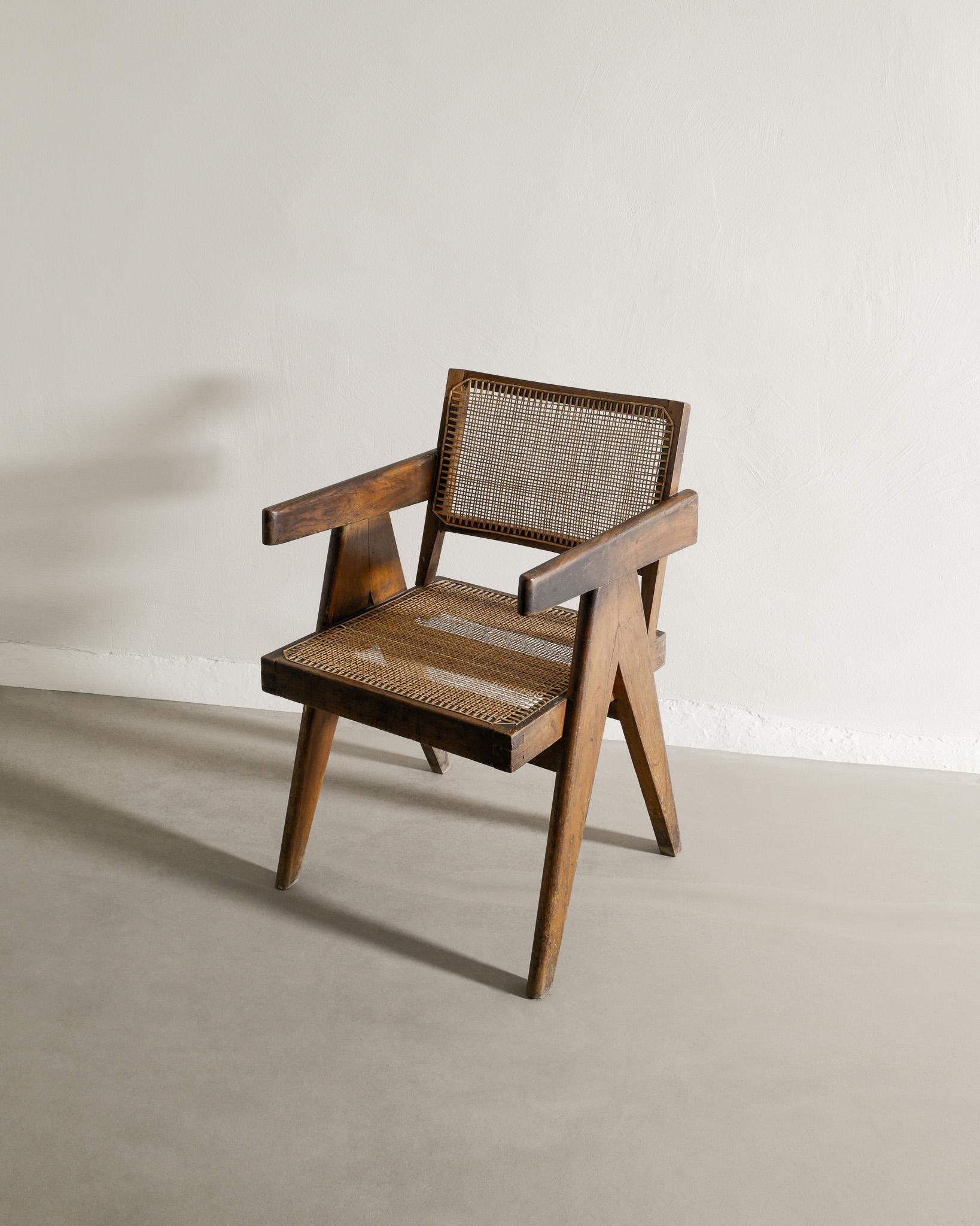 Indian Pierre Jeanneret Mid Century Wooden Office Chair in Teak & Rattan Produced 1950s For Sale