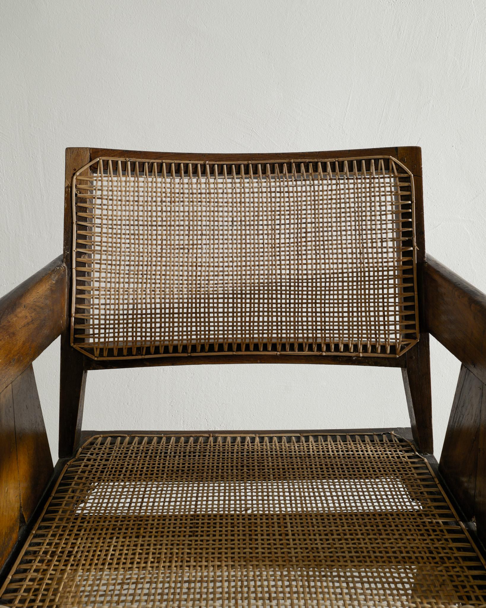 Pierre Jeanneret Mid Century Wooden Office Chair in Teak & Rattan Produced 1950s In Good Condition For Sale In Stockholm, SE