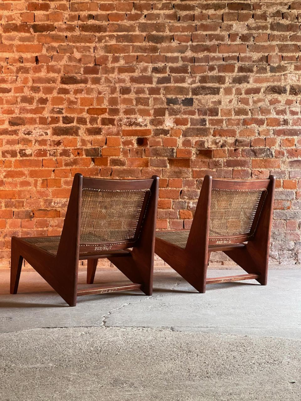 Mid-Century Modern Pierre Jeanneret Model: CH010607 Kangourou Low Chairs Teak and Cane, Chandigarh