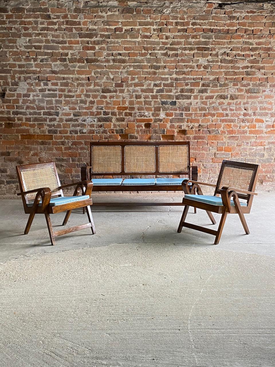 Cane Pierre Jeanneret Teak Lounge Sofa Set *OFFICIAL CERTIFICATE BY JACQUES DWORCZAK* For Sale
