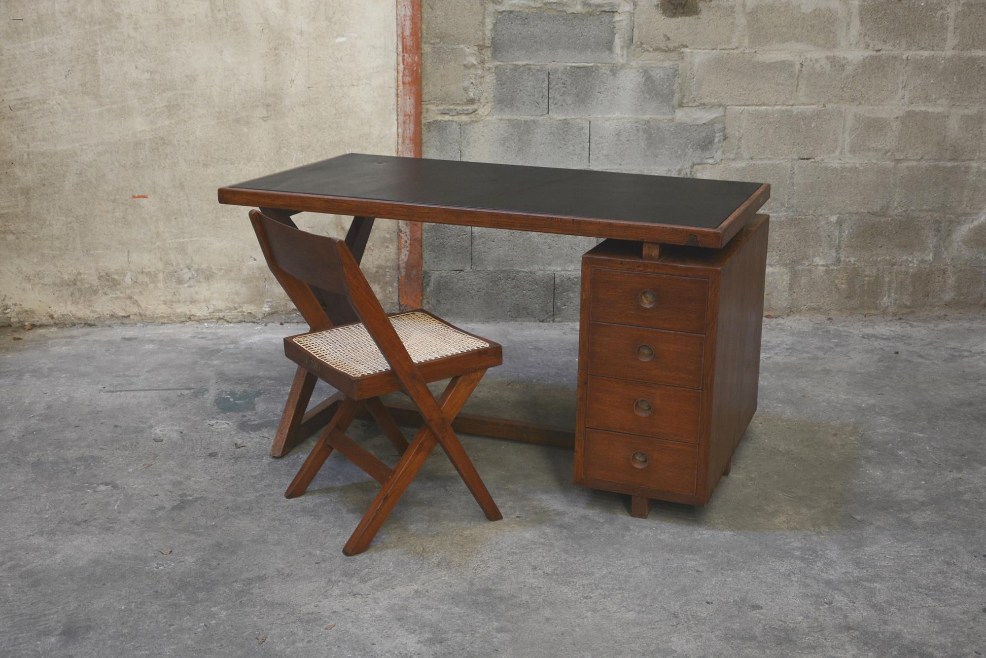 Pierre Jeanneret Office Administrative X-Leg Desk with Black Leather Inset For Sale 6