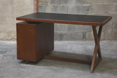 Pierre Jeanneret Office Administrative X-Leg Desk with Black Leather Inset