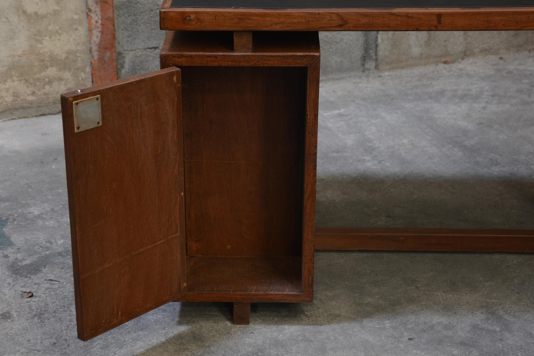 Indian Pierre Jeanneret Office Administrative X-Leg Desk with Black Leather Inset For Sale