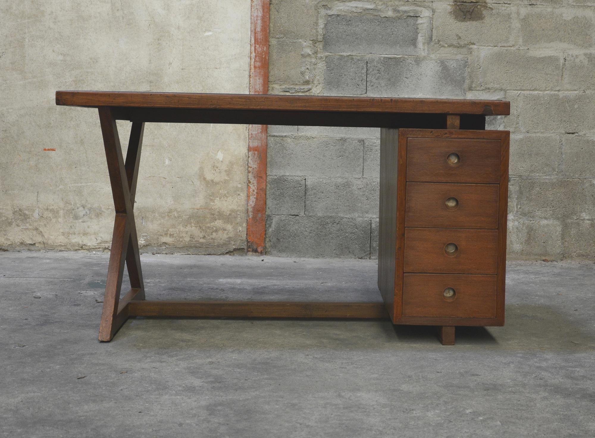 Mid-20th Century Pierre Jeanneret Office Administrative X-Leg Desk with Black Leather Inset For Sale