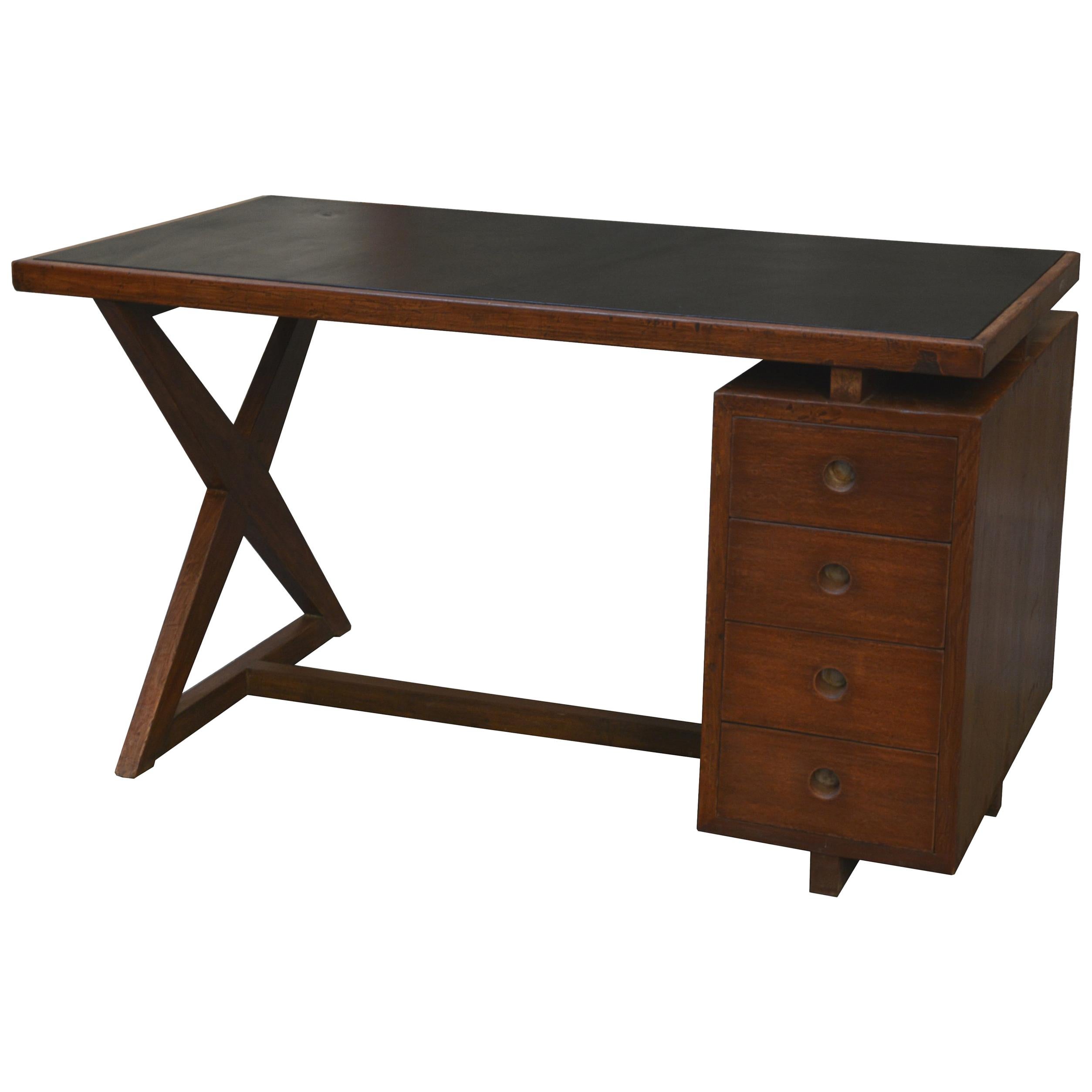 Pierre Jeanneret Office Administrative X-Leg Desk with Black Leather Inset For Sale