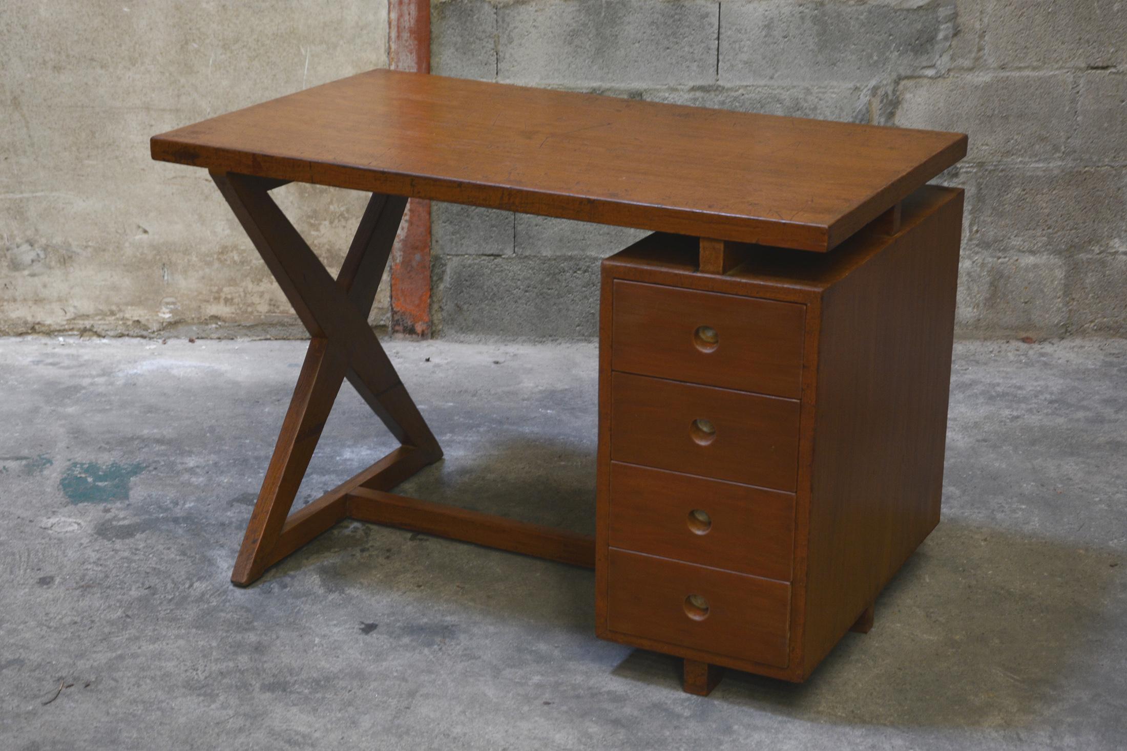 Pierre Jeanneret Office Administrative X-Leg Desk with Teak Top For Sale 9