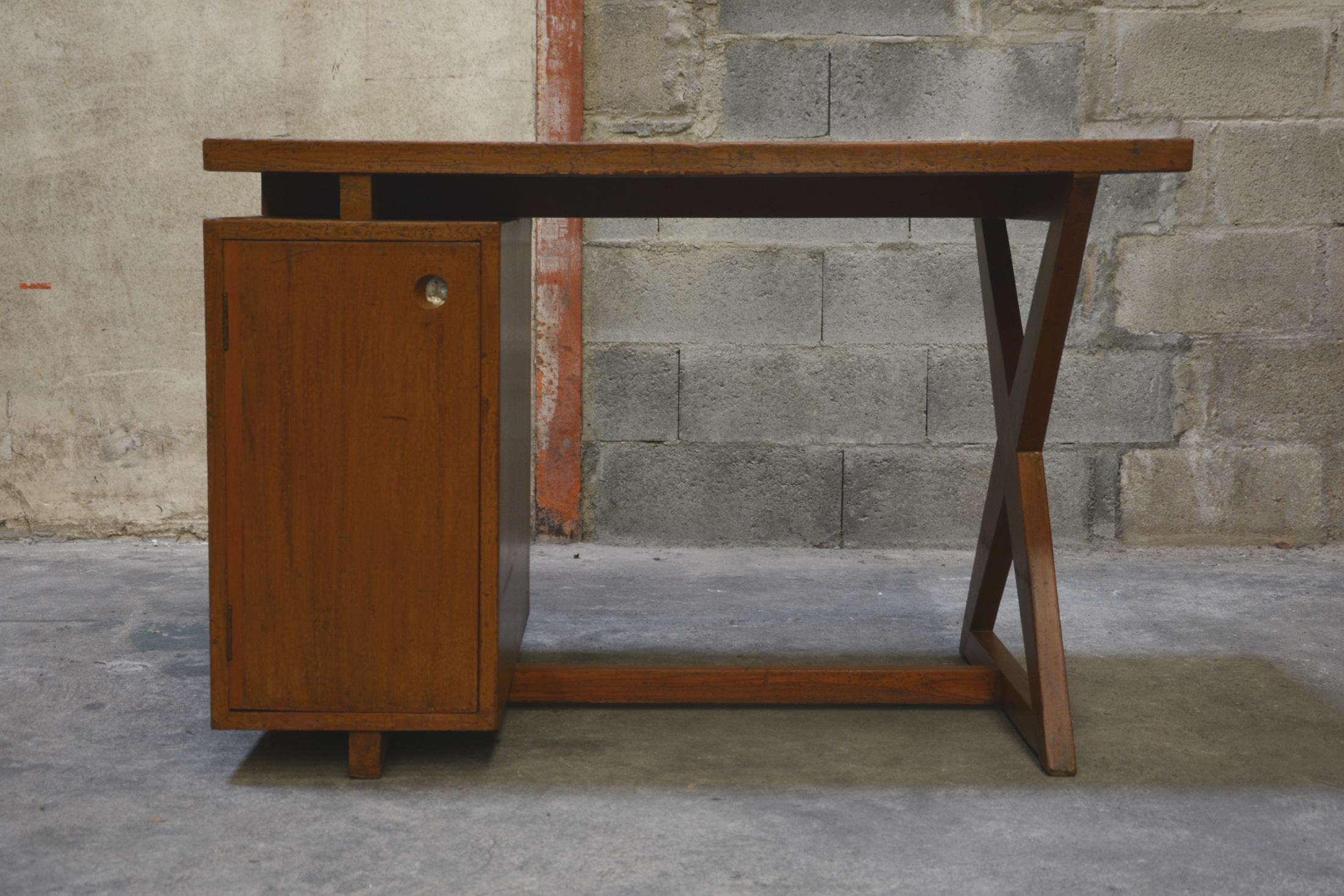 Indian Pierre Jeanneret Office Administrative X-Leg Desk with Teak Top For Sale