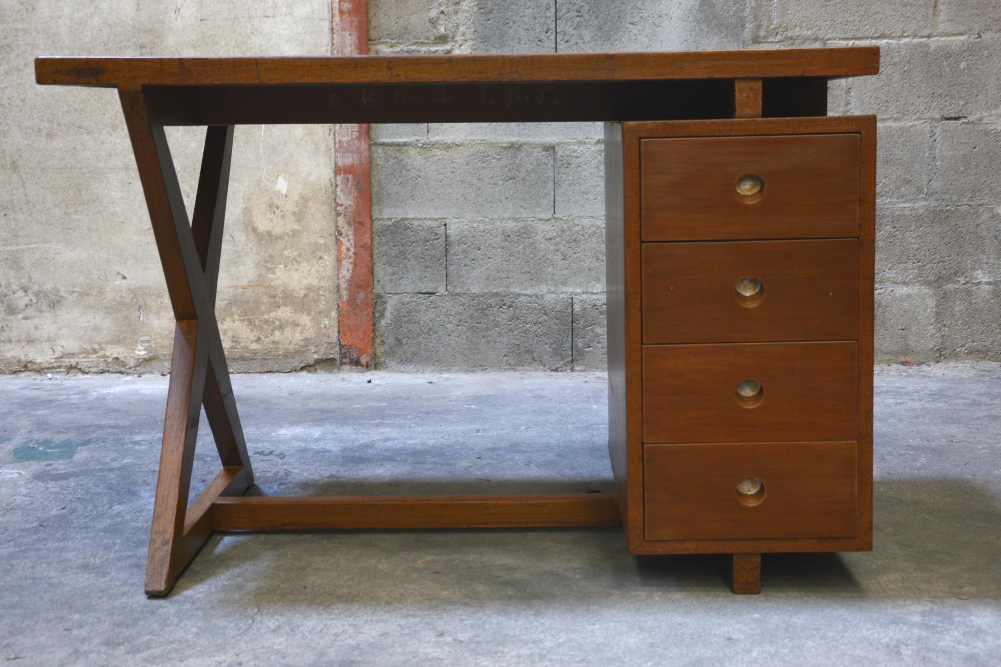 Pierre Jeanneret Office Administrative X-Leg Desk with Teak Top In Fair Condition For Sale In BREST, FR