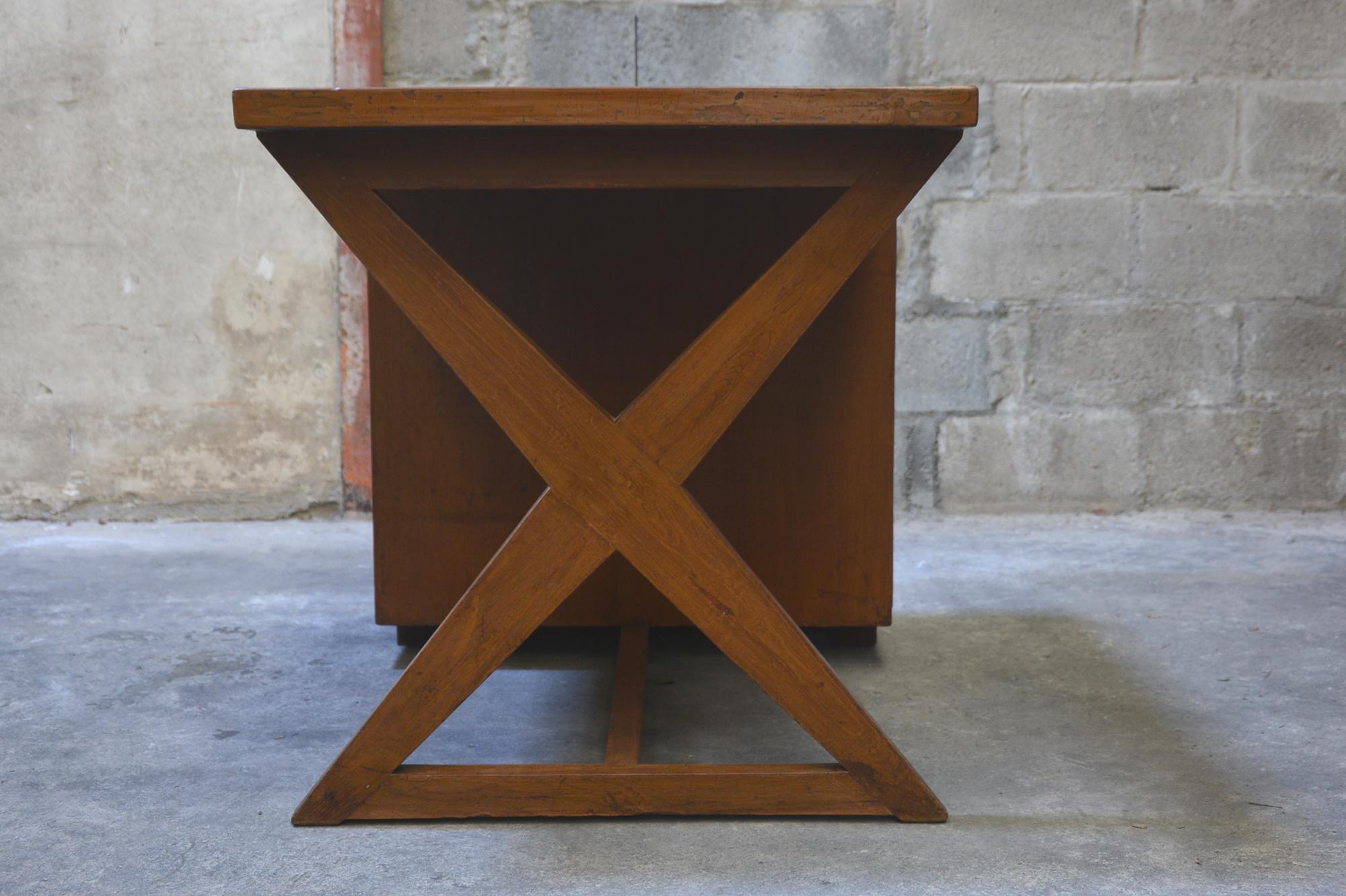 Pierre Jeanneret Office Administrative X-Leg Desk with Teak Top For Sale 1