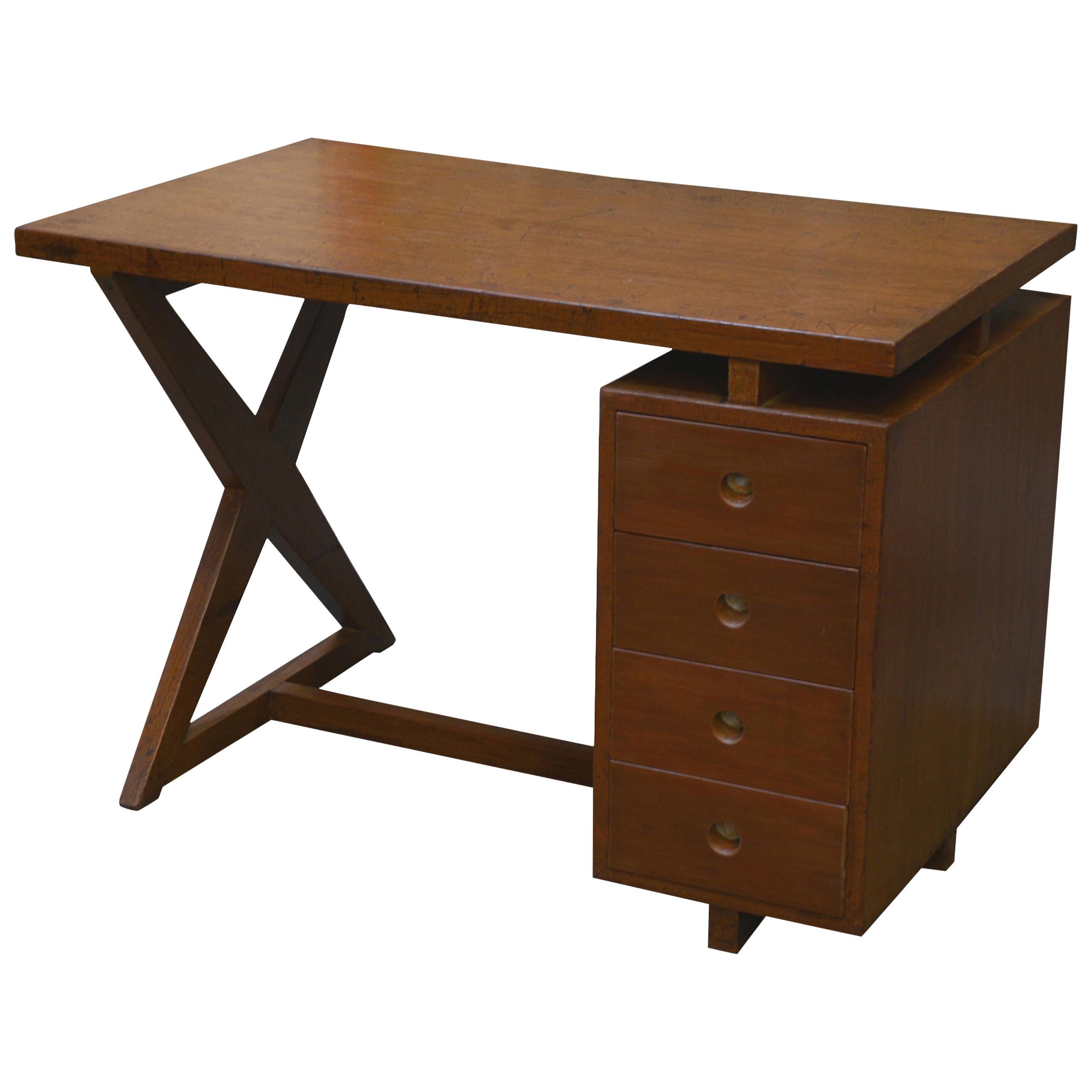 Pierre Jeanneret Office Administrative X-Leg Desk with Teak Top For Sale